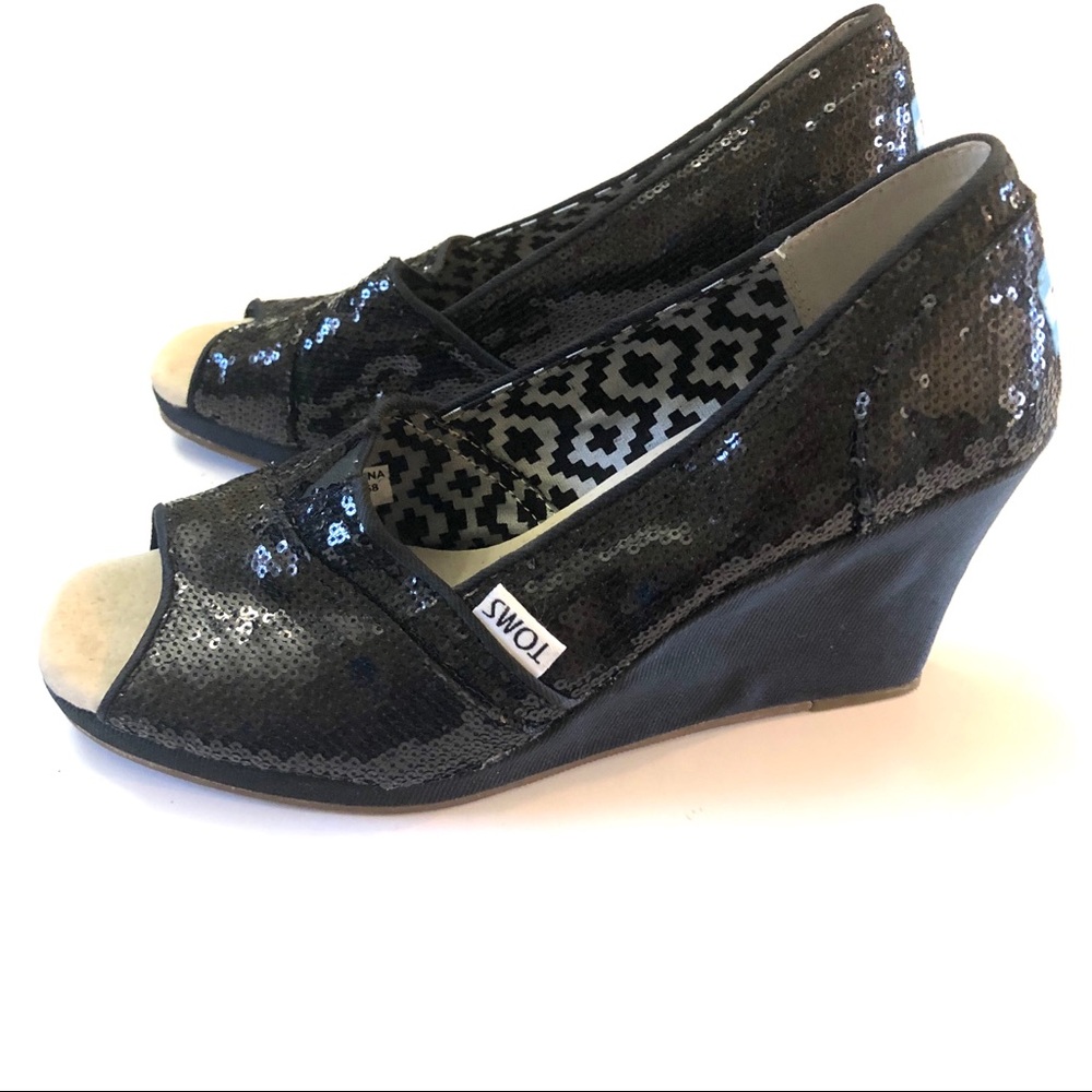 Toms Peep Toe Black Sequence Wedges